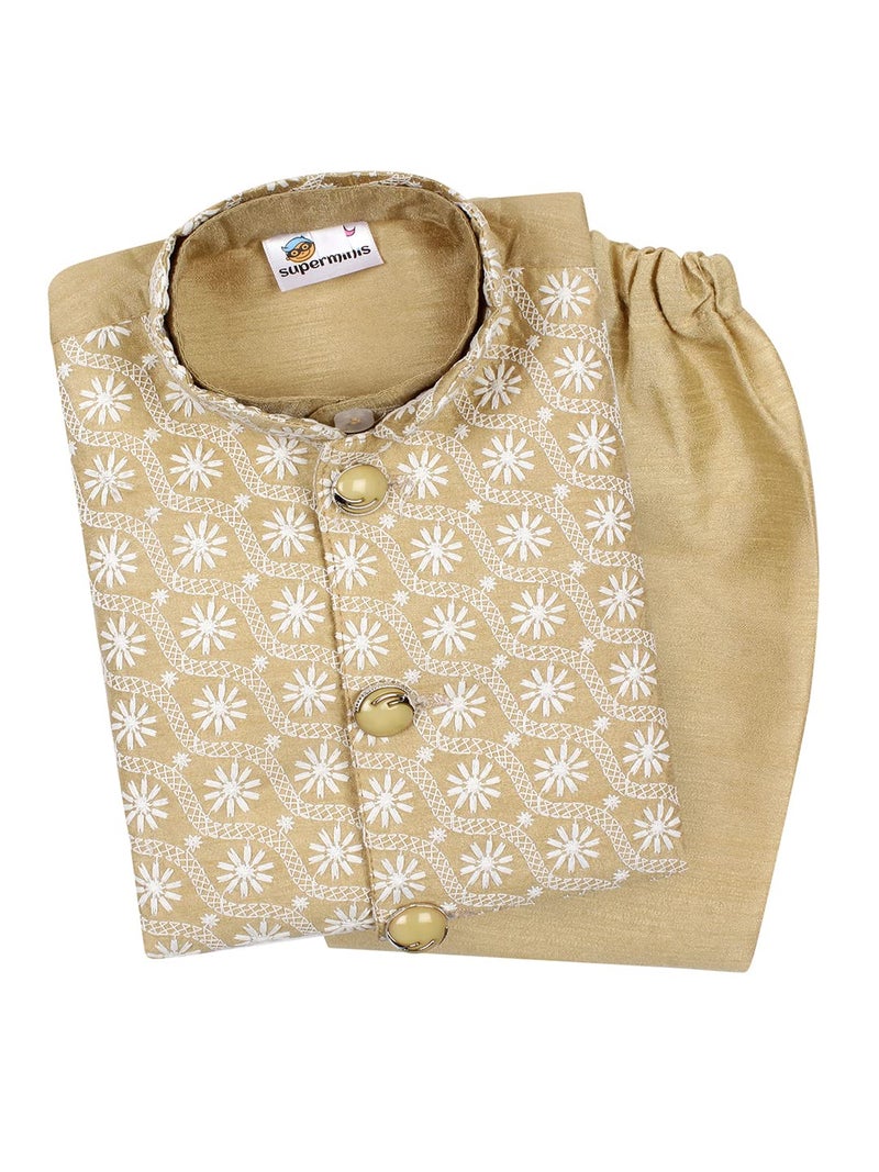 superminis Baby Boys Silk Kurta Pyjama Set with Chikankari Nehru Jacket (6-12 Months, Beige) - Image 1