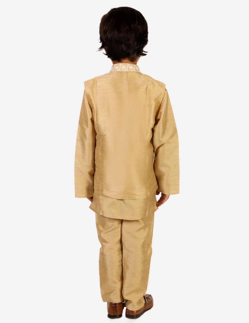 superminis Baby Boys Silk Kurta Pyjama Set with Chikankari Nehru Jacket (6-12 Months, Beige) - Image 3