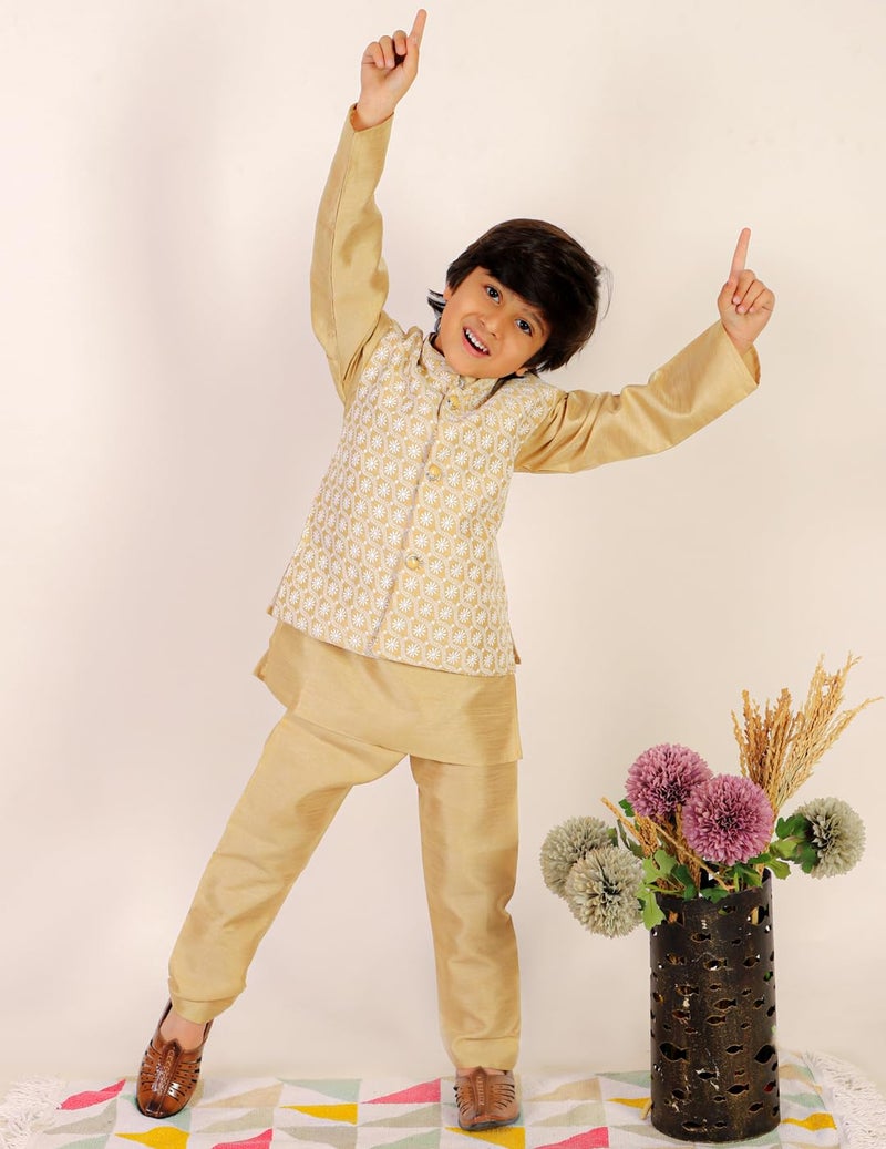 superminis Baby Boys Silk Kurta Pyjama Set with Chikankari Nehru Jacket (6-12 Months, Beige) - Image 4