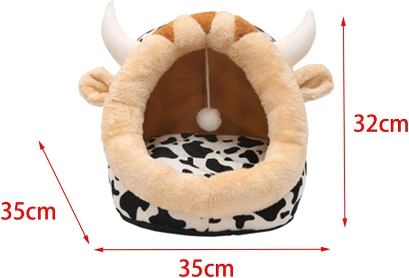 Round Dog Cat Bed Warm Calming Sleeping Kennel, Cow, S - Image 4