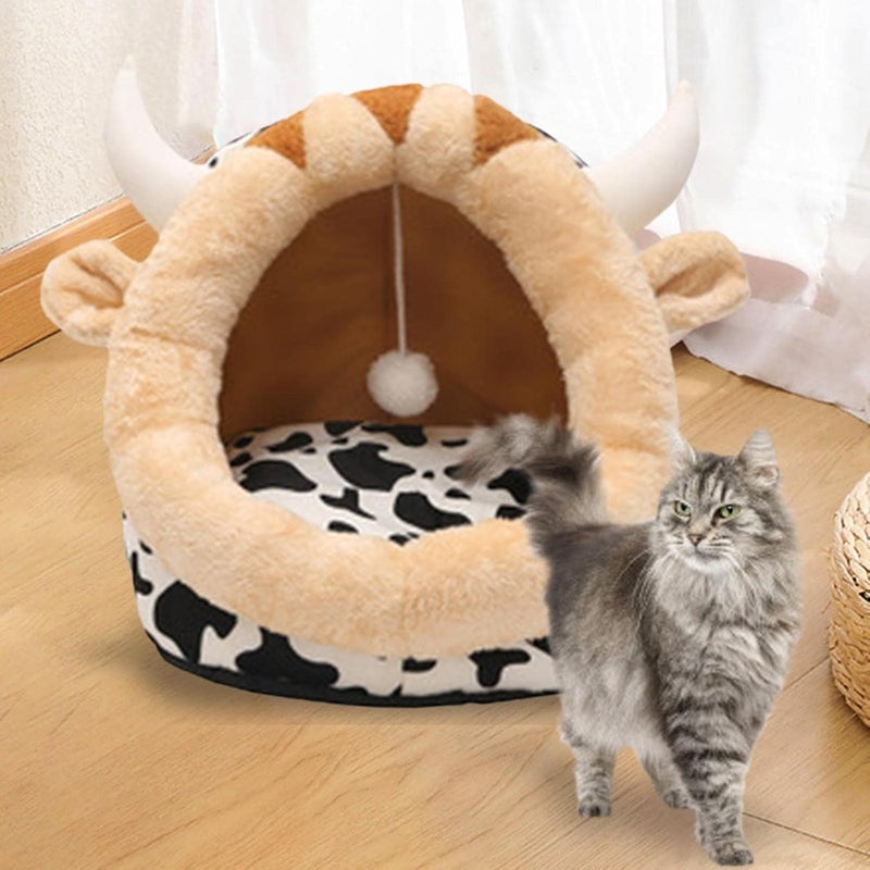 Round Dog Cat Bed Warm Calming Sleeping Kennel, Cow, S - Image 2