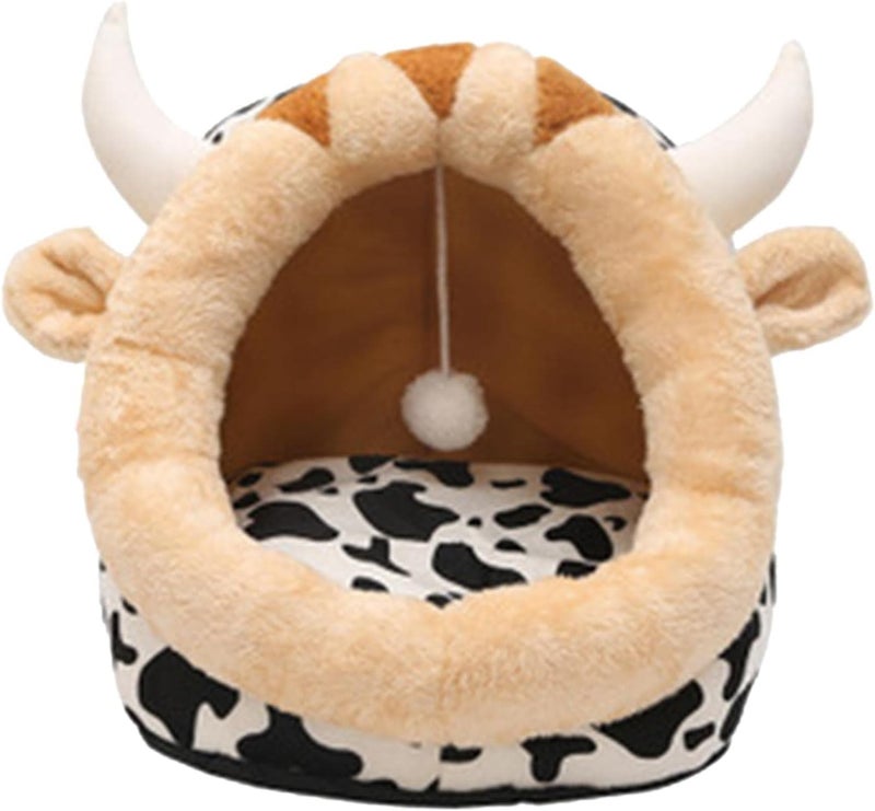 Round Dog Cat Bed Warm Calming Sleeping Kennel, Cow, S - Image 1