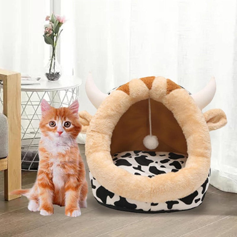 Round Dog Cat Bed Warm Calming Sleeping Kennel, Cow, S - Image 5