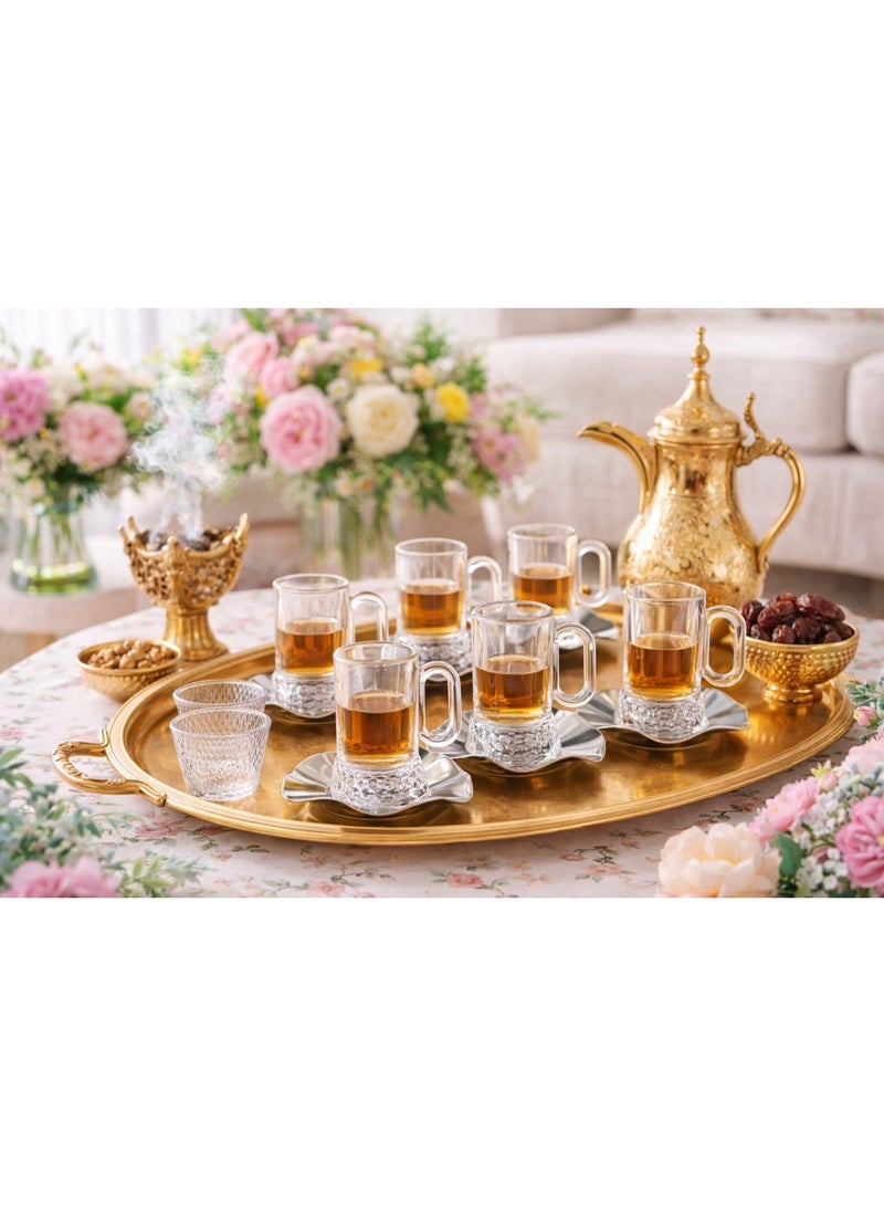 دانيا ✨☕ طقم فناجين شاي وقهوة زجاج فاخر مع صحون ستانلس ستيل – 18 قطعة | تصميم أنيق لضيافة راقية ✨ - Image 1