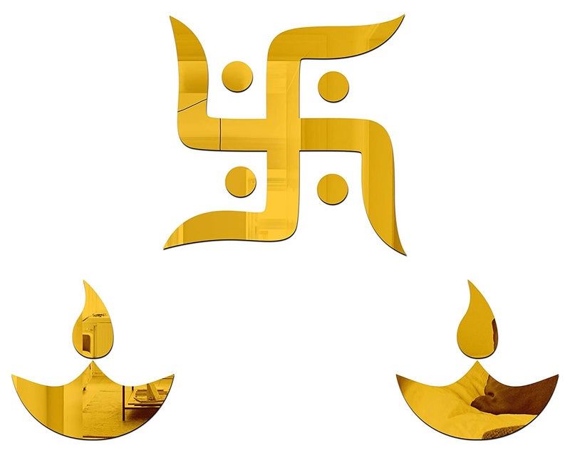 Wall1ders Wall1ders Swastik and 2 Diya Mirror Stickers for Wall Acrylic Mirror Wall Decor Sticker Wall Mirror Stickers Acrylic Stickers Wall Stickers for Hall Room Bed Room Kitchen Gold  - Image 1