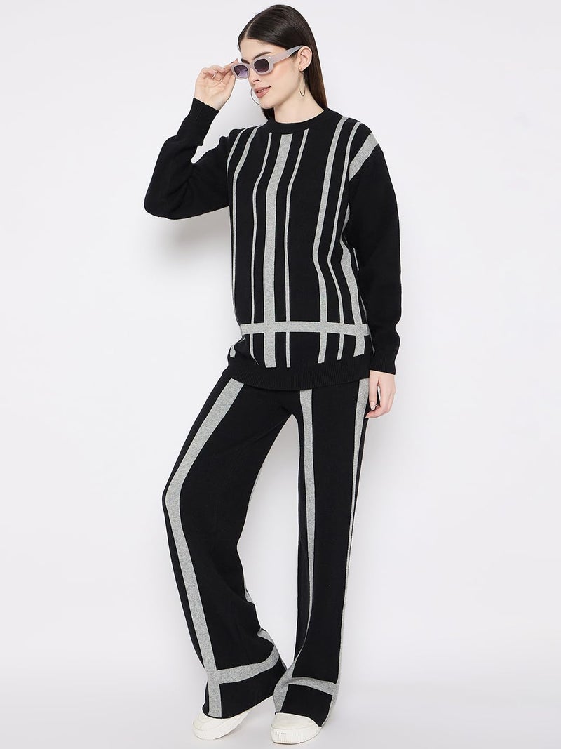 CAMEY Women's Long Sleeve round neck woolen Co-Ord Set (Black, Free Size) - Image 2
