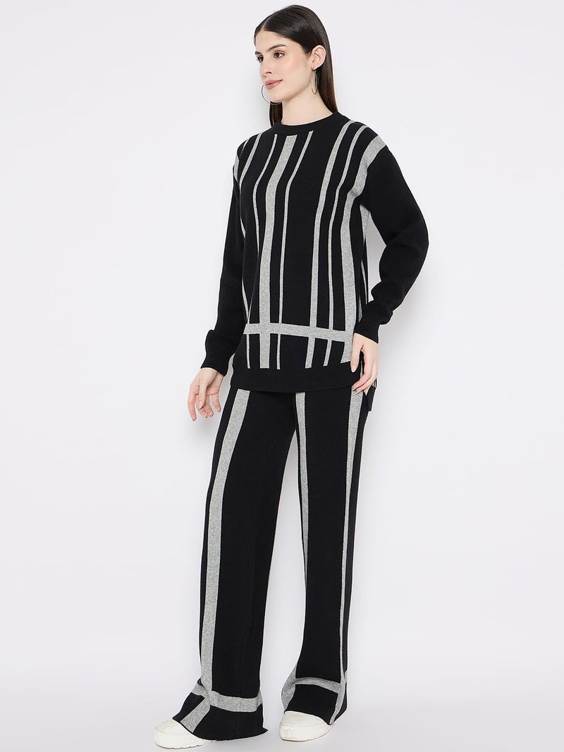 CAMEY Women's Long Sleeve round neck woolen Co-Ord Set (Black, Free Size) - Image 3