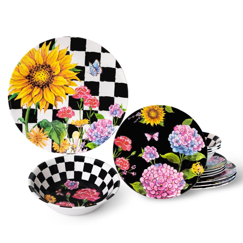LEHAHA Sunflower 12Piece Melamine Dinnerware Set Include PlatesDishes and Bowls Service for 4 BPA Free and Unbreakable Black Plaid Floral Dish Set for Indoor and Outdoor Use