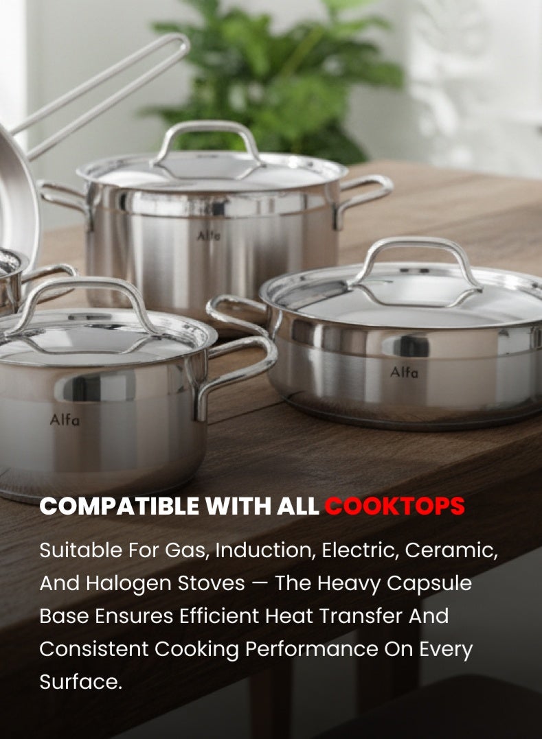ALFA 9‑Piece Premium Cookware Set | 18/10 Cr‑Ni Stainless Steel | Deep Casseroles, Low Casserole & Frypan with Lids | Induction, Gas & Electric Compatible | Dishwasher Safe - Image 5
