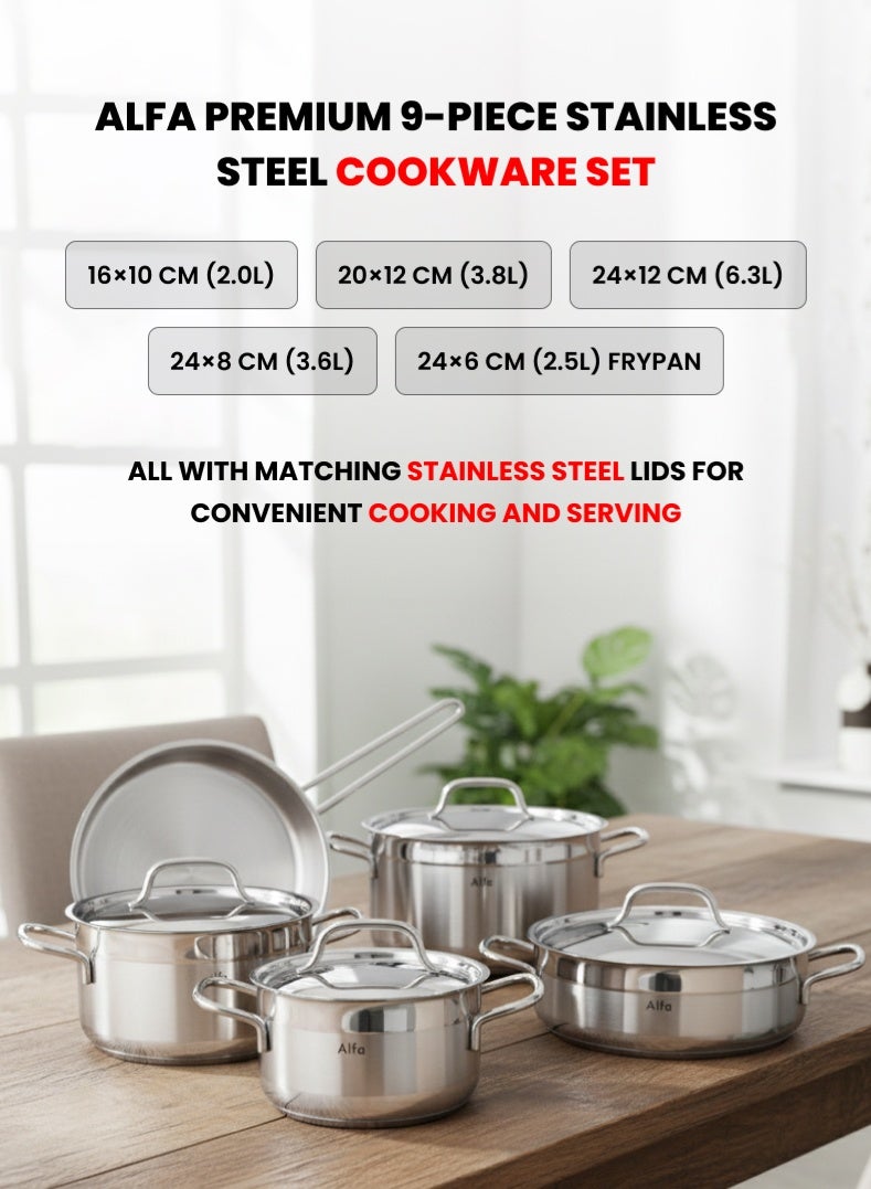 ALFA 9‑Piece Premium Cookware Set | 18/10 Cr‑Ni Stainless Steel | Deep Casseroles, Low Casserole & Frypan with Lids | Induction, Gas & Electric Compatible | Dishwasher Safe - Image 1