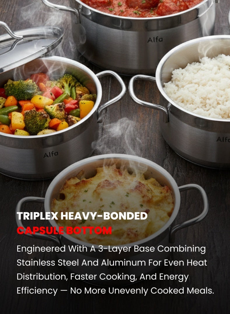 ALFA 9‑Piece Premium Cookware Set | 18/10 Cr‑Ni Stainless Steel | Deep Casseroles, Low Casserole & Frypan with Lids | Induction, Gas & Electric Compatible | Dishwasher Safe - Image 3