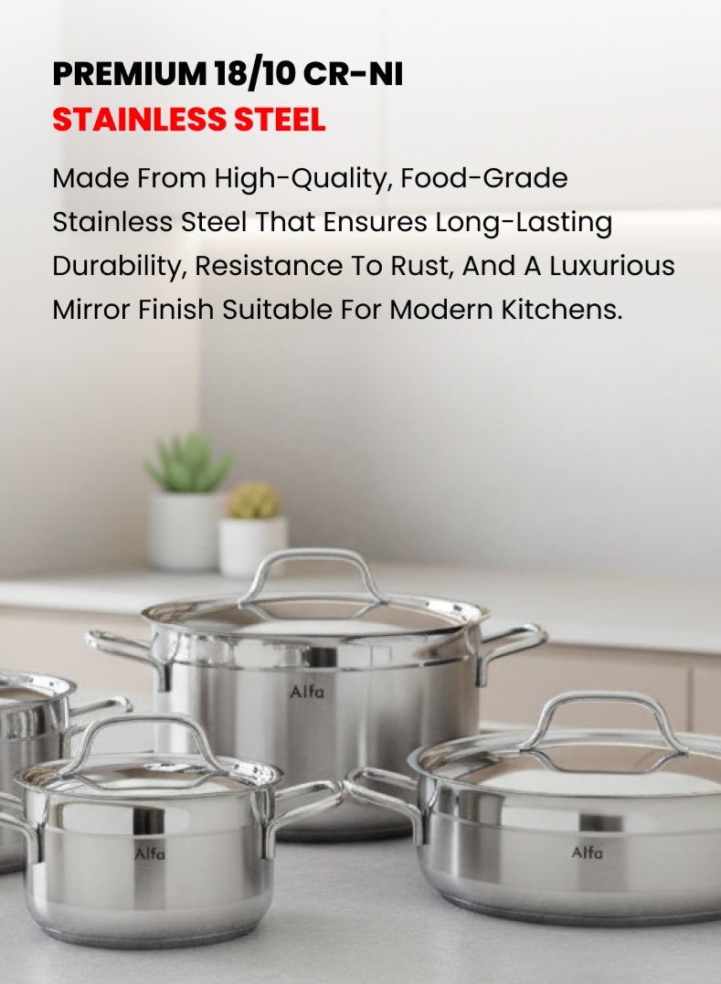 ALFA 9‑Piece Premium Cookware Set | 18/10 Cr‑Ni Stainless Steel | Deep Casseroles, Low Casserole & Frypan with Lids | Induction, Gas & Electric Compatible | Dishwasher Safe - Image 2