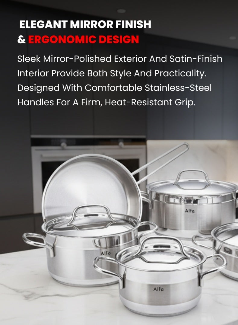ALFA 9‑Piece Premium Cookware Set | 18/10 Cr‑Ni Stainless Steel | Deep Casseroles, Low Casserole & Frypan with Lids | Induction, Gas & Electric Compatible | Dishwasher Safe - Image 4
