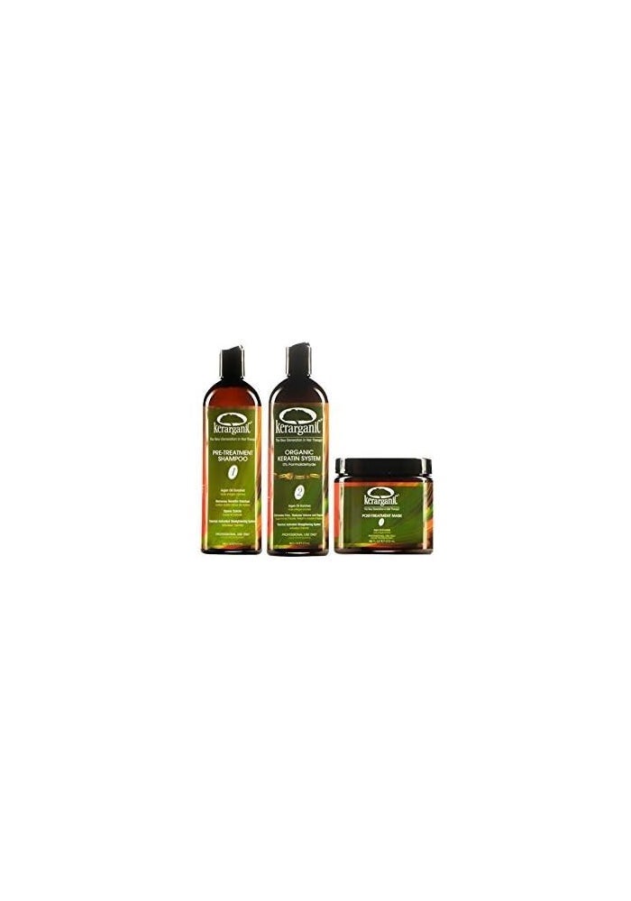 KERARGANIC Organic Keratin Treatment Set - Pre-Treatment Shampoo, Organic Keratin System, and Post-Treatment Mask (16fl. oz)