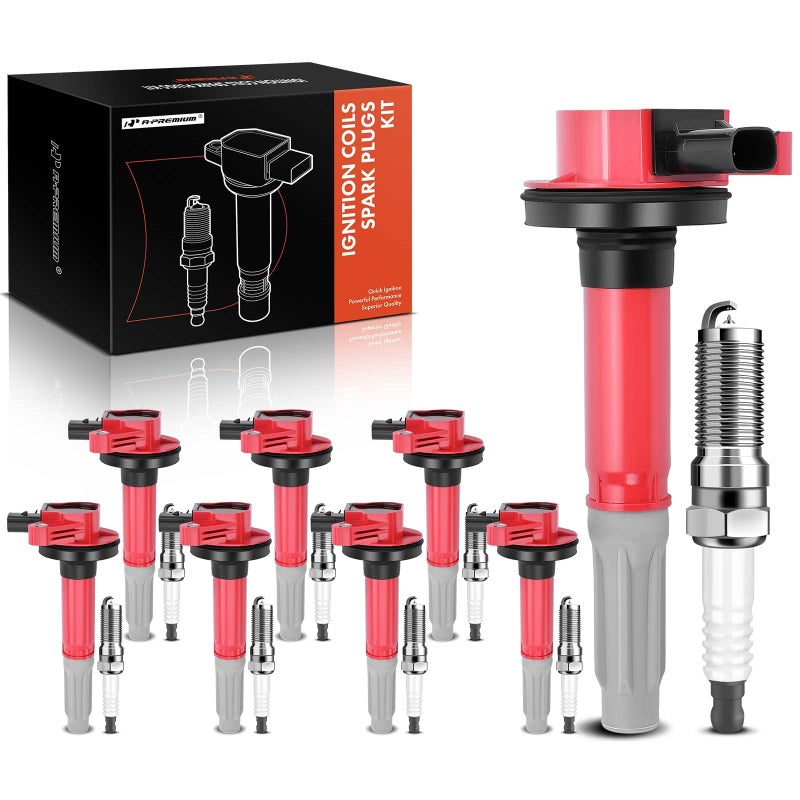 A-Premium APremium Red Ignition Coils and Spark Plugs Kits Compatible with Ford F150 20112016 Mustang 20112015 50L 8PC Set