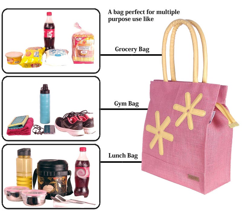 Foonty Exclusive Star Daily Use Jute Lunch Bag (Pink, FFFWB6013C) - Image 3