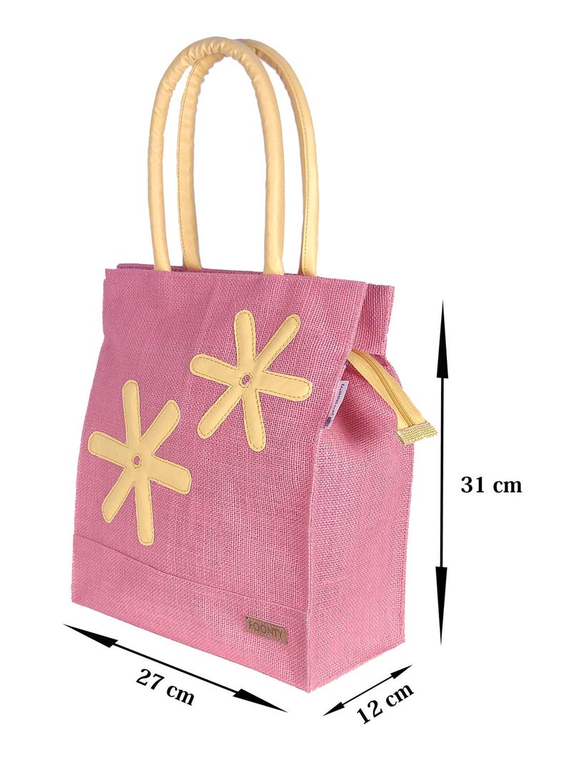 Foonty Exclusive Star Daily Use Jute Lunch Bag (Pink, FFFWB6013C) - Image 4