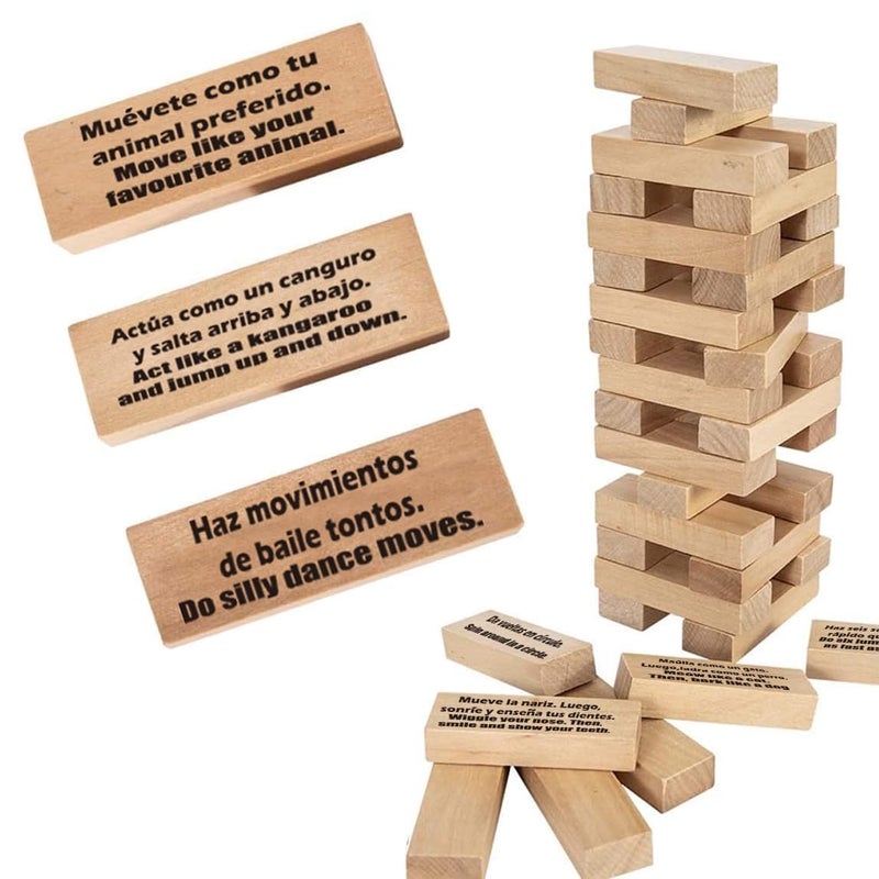 1step2dream Spanish Stacking Tower Game Bilingual Block Game for Kids Adults Perfect for Family Classroom 54 Hilarious Commands Ideal Learning Board Game Gift - Image 3