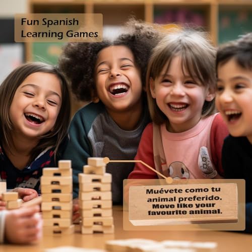 1step2dream Spanish Stacking Tower Game Bilingual Block Game for Kids Adults Perfect for Family Classroom 54 Hilarious Commands Ideal Learning Board Game Gift - Image 5