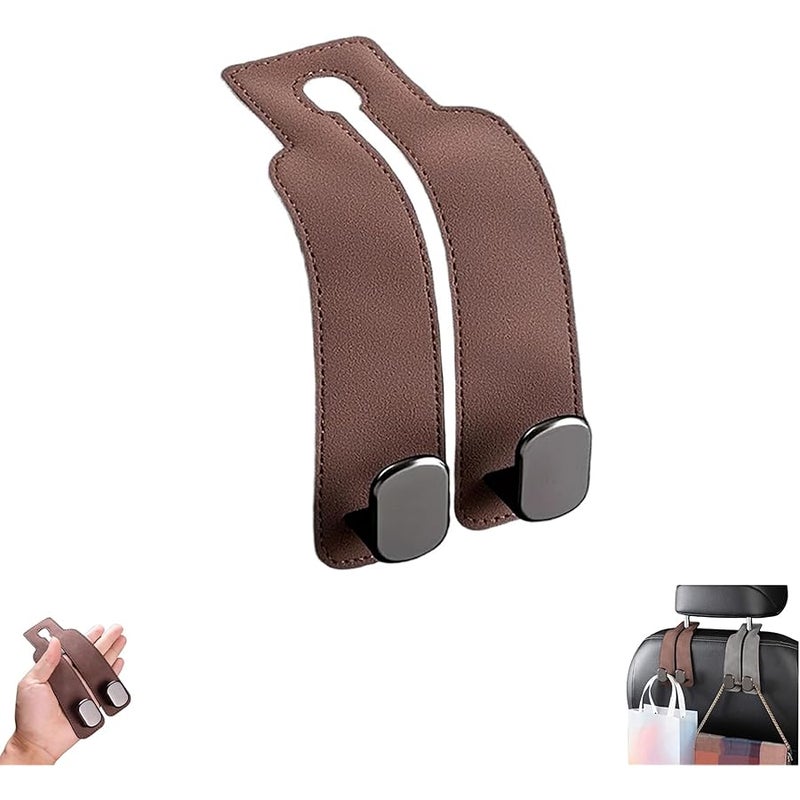 HISKI Car Seat Headrest Hooks for Purses and Bags, Support Car Headrest Hooks for Purses and Bags Coat, Leather Car Bag Purse Holder with Double Metal Hooks (Brown-1PC) - Image 1