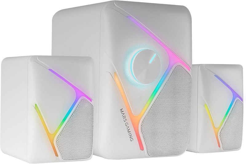 مارس_جيمنج Mars Gaming MS-H21، مكبرات صوت ألعاب RGB 2.1 ومضخم صوت بقوة 35 واط، نظام مشغلات مقلوبة محيطية ثلاثية الأبعاد، مكبرات صوت RGB مضغوطة ديناميكية، إمداد طاقة USB وموصل جاك 3.5 مم، أبيض - Image 1