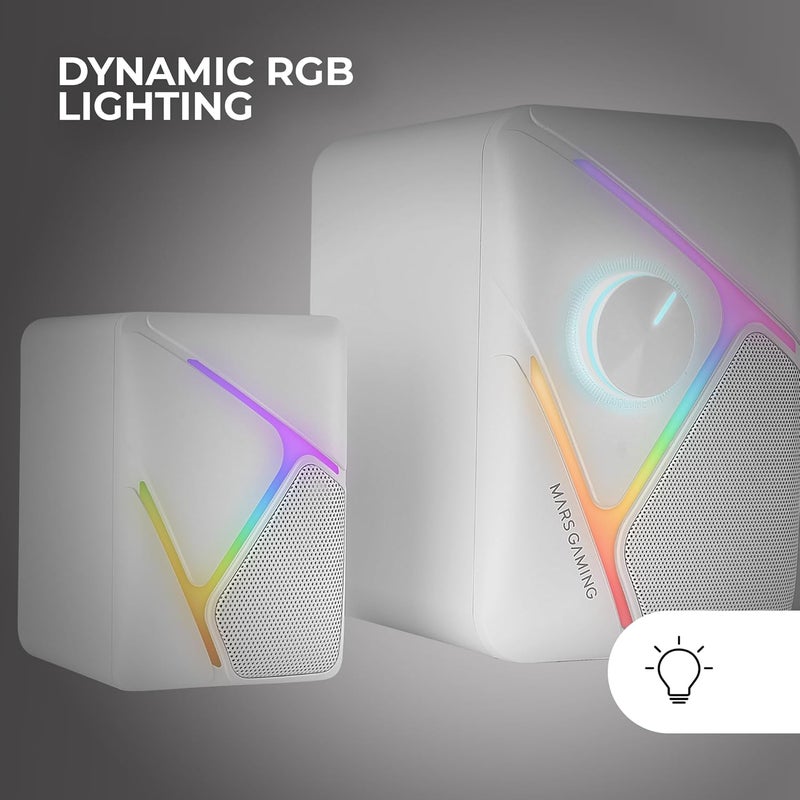 مارس_جيمنج Mars Gaming MS-H21، مكبرات صوت ألعاب RGB 2.1 ومضخم صوت بقوة 35 واط، نظام مشغلات مقلوبة محيطية ثلاثية الأبعاد، مكبرات صوت RGB مضغوطة ديناميكية، إمداد طاقة USB وموصل جاك 3.5 مم، أبيض - Image 4