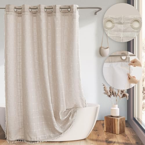 River Dream Farmhouse Shower Curtain with Snap-in Liner, No Hooks Needed,Boho Fabric Shower Curtains with Tassels for Rustic Neutral Bathroom Decor,with Magnets,Water Repellent&Machine Washable,Linen,71x74Inch - Image 1