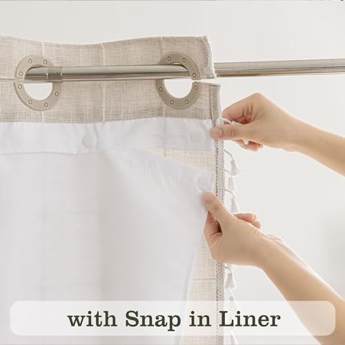 River Dream Farmhouse Shower Curtain with Snap-in Liner, No Hooks Needed,Boho Fabric Shower Curtains with Tassels for Rustic Neutral Bathroom Decor,with Magnets,Water Repellent&Machine Washable,Linen,71x74Inch - Image 3