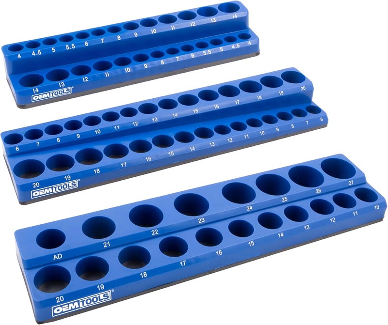 OEMTOOLS 22486 3 Piece Metric Magnetic Socket Tray Set, Magnetic Socket Organizer Holds Up to 75 Sockets in 1/4", 3/8", and 1/2" Sizes, Blue Magnetic Socket Holders - Image 1