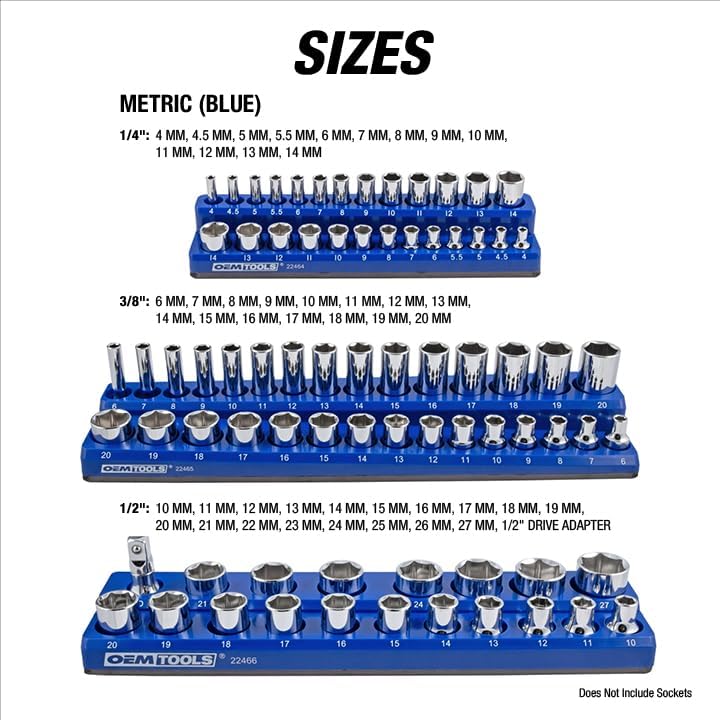 OEMTOOLS 22486 3 Piece Metric Magnetic Socket Tray Set, Magnetic Socket Organizer Holds Up to 75 Sockets in 1/4", 3/8", and 1/2" Sizes, Blue Magnetic Socket Holders - Image 3