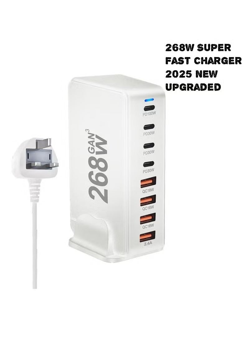 TIGER 268W USB C Fast Charger, 8-Port Multi USB Charging Station with GaN Technology, Portable USB and Type-C Charging Power Strip Adapter, Wall Charger with UK Plug, Efficient Power Delivery for iPhone, Android, Tablets, Laptops, and More (White) - Image 1