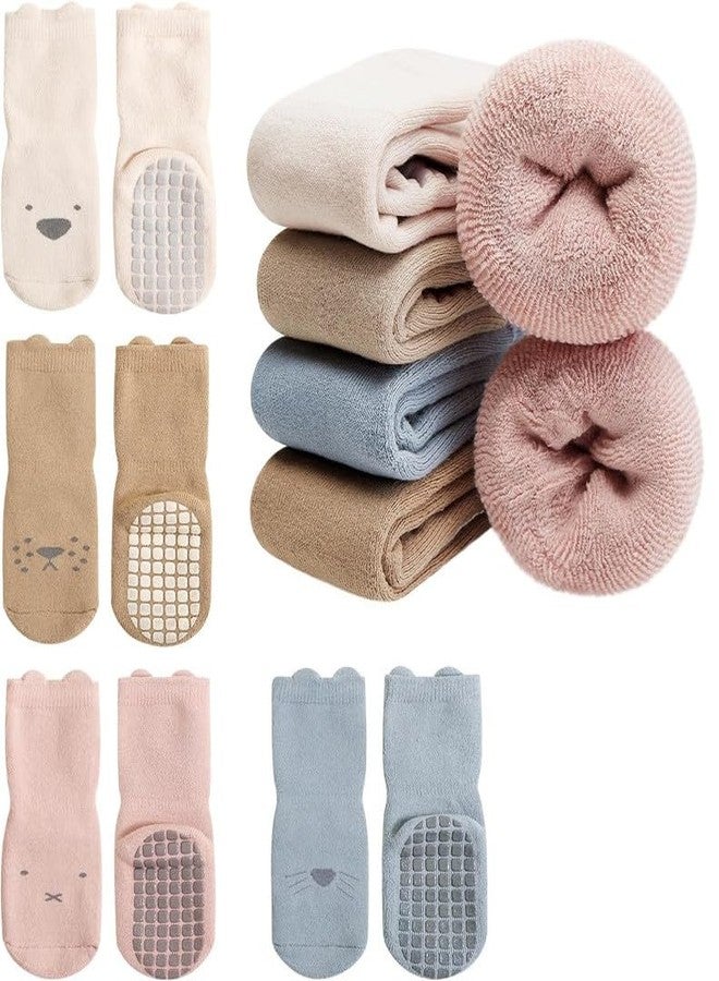 Yanwenx Baby Non Slip Socks Toddler Non-Skid Ankle Socks with Grips Anti-Slip Crew Cotton Socks for Infants Toddlers Girls Boys 4 Pairs_12-24 Months - Image 1