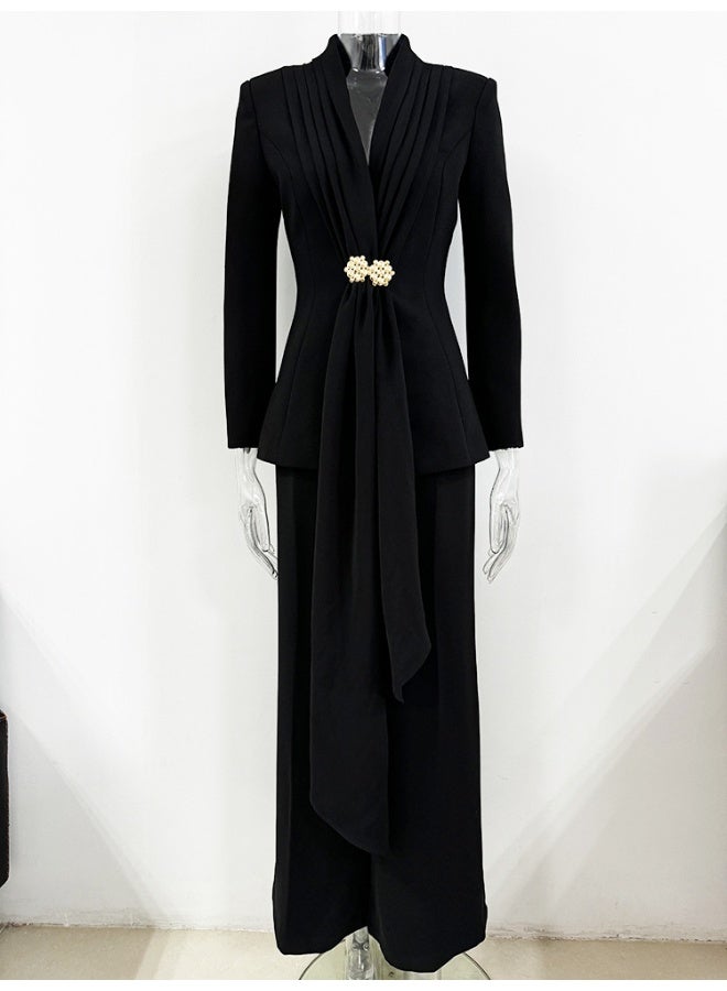 Madam Uniq New Pleated Collar Blazer and Straight-leg Pants Set - Two-piece Ensemble - Image 2