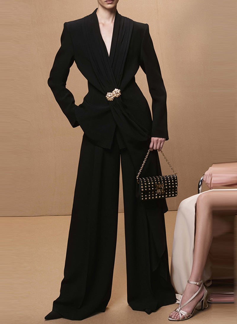 Madam Uniq New Pleated Collar Blazer and Straight-leg Pants Set - Two-piece Ensemble - Image 1