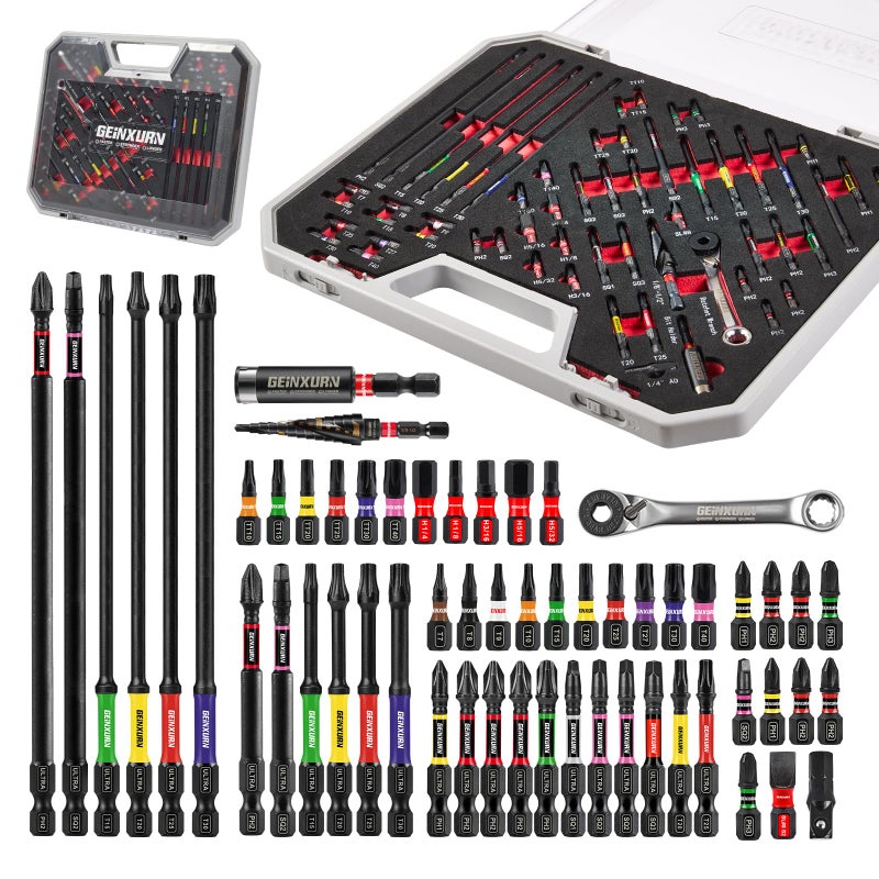Geinxurn 58Pcs Screwdriver Set Include 54Pcs Impact Screwdriver Bits Set, Mini Wrench, Step Drill, 1/4â€Socket Adapter and Impact Bit Extension with Tool Box for Home Repairs DIY - Image 1