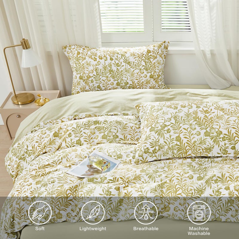 SAPHREAS Floral Duvet Cover Set King Size 3pcs Comfy Yellow Flower Green Botanical Bedding Comforter Cover Set 100% Cotton 1 Duvet Cover 104"x90" 2 Pillow Shams, Comforter Not Included - Image 4