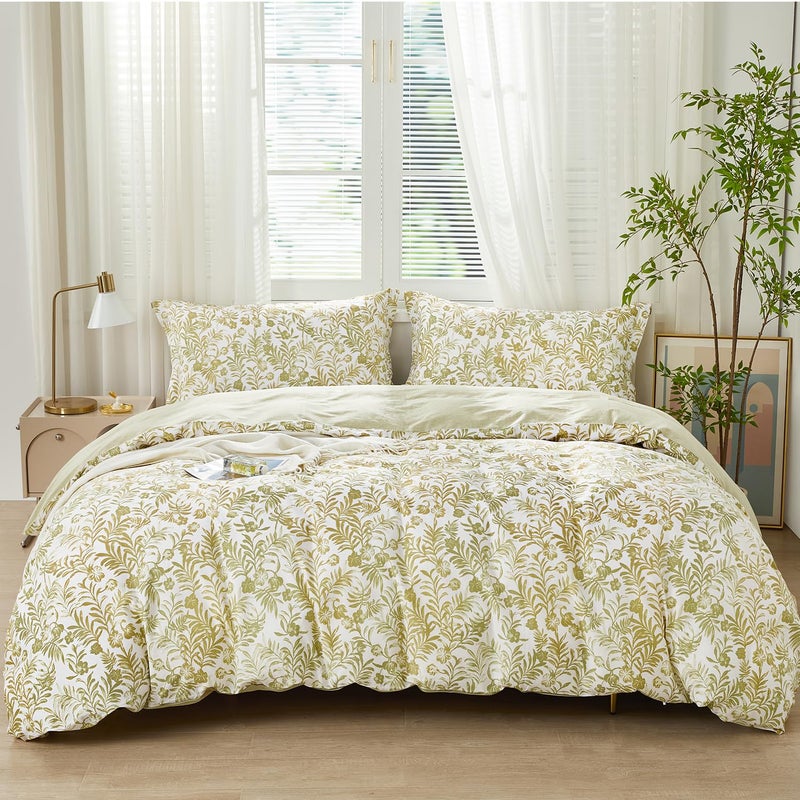 SAPHREAS Floral Duvet Cover Set King Size 3pcs Comfy Yellow Flower Green Botanical Bedding Comforter Cover Set 100% Cotton 1 Duvet Cover 104"x90" 2 Pillow Shams, Comforter Not Included - Image 1