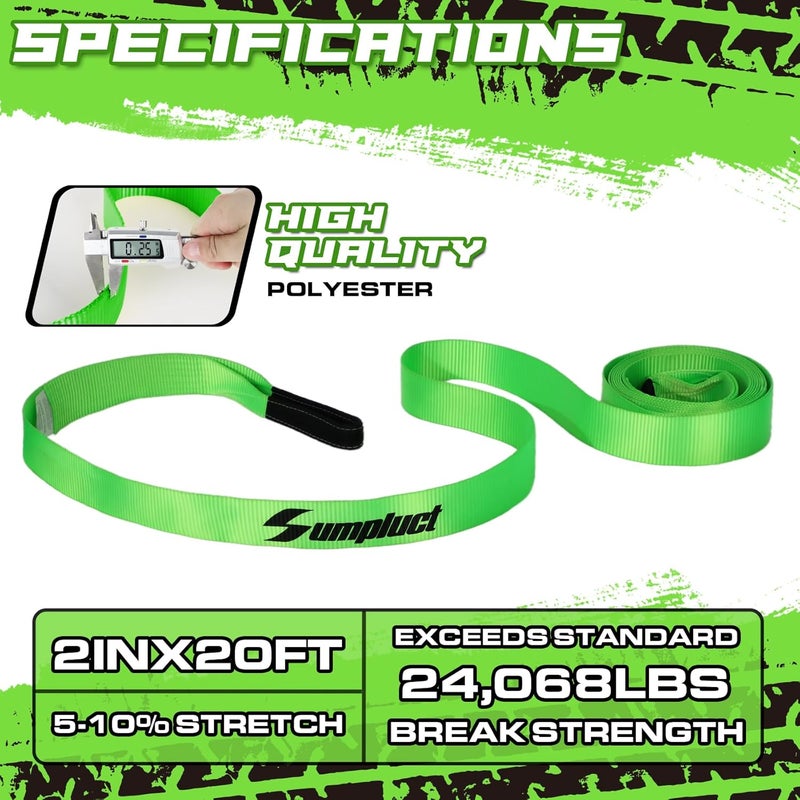 sumpluct Recovery Tow Strap 2in X 20ft Heavy Duty 20,000 lbs Break Strength, Use for Emergency Towing Rope, Tree Saver, Winch Extension, Triple Reinforced Loops, Protective Sleeves,Car Accessories Green - Image 4