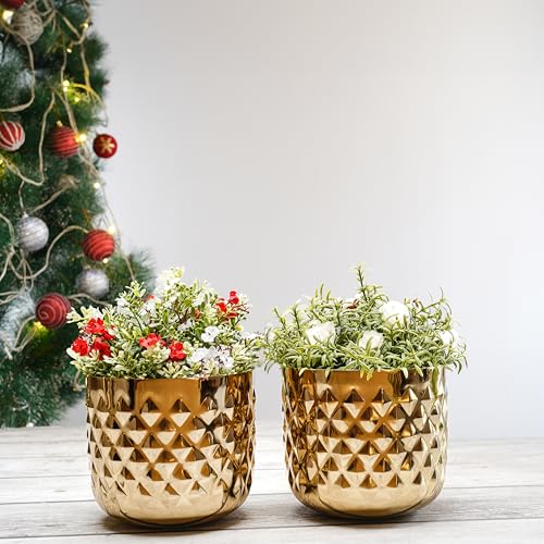 BEHOMA Metal Indoor Planter | Pineapple Texture Modern Plant Pot | Drawing Room Balcony Office Decor for Small Plants | Size Height- 5" x Dia. 6" inch | Golden Set of 2 (Plant not Included) - Image 3