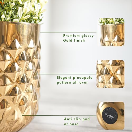 BEHOMA Metal Indoor Planter | Pineapple Texture Modern Plant Pot | Drawing Room Balcony Office Decor for Small Plants | Size Height- 5" x Dia. 6" inch | Golden Set of 2 (Plant not Included) - Image 4