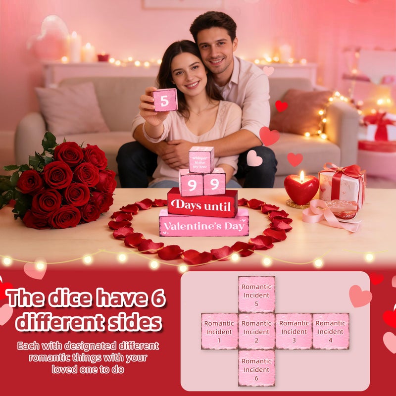Gleegreets 99 Days Valentine's Day Countdown Wooden Tiered Tray Decor, Romantic Activities Decision Dice Decor Gifts for Wife Husband Boyfriend Girlfriend, Valentines Day Table Centerpiece for Kitchen Office - Image 5