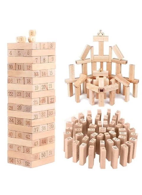 54 PCS Wooden Tower Stacking Game – Classic Numbered Blocks with Dice for Kids & Adults – Educational Family Game for Parties, Skill Development, and Fun Indoor Activities