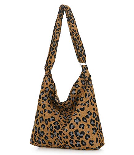Covelin Women's Retro Large Size Canvas Shoulder Bag Hobo Crossbody Handbag Casual Tote Leopard Brown - Image 4