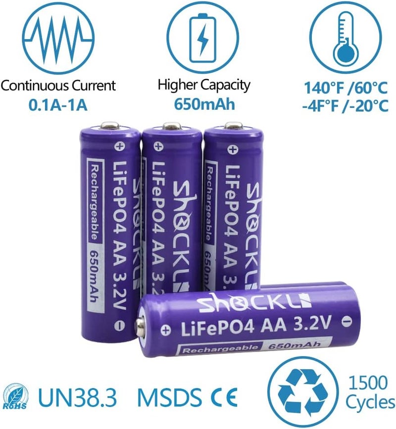 funkawa (8- Pack) Shockli AA 3.2 Volts LiFePo4 650mAh Rechargeable Battery, Lithium Iron Phosphate 3.2V Solar Batteries - Ideal for Solar Garden Light - Image 3