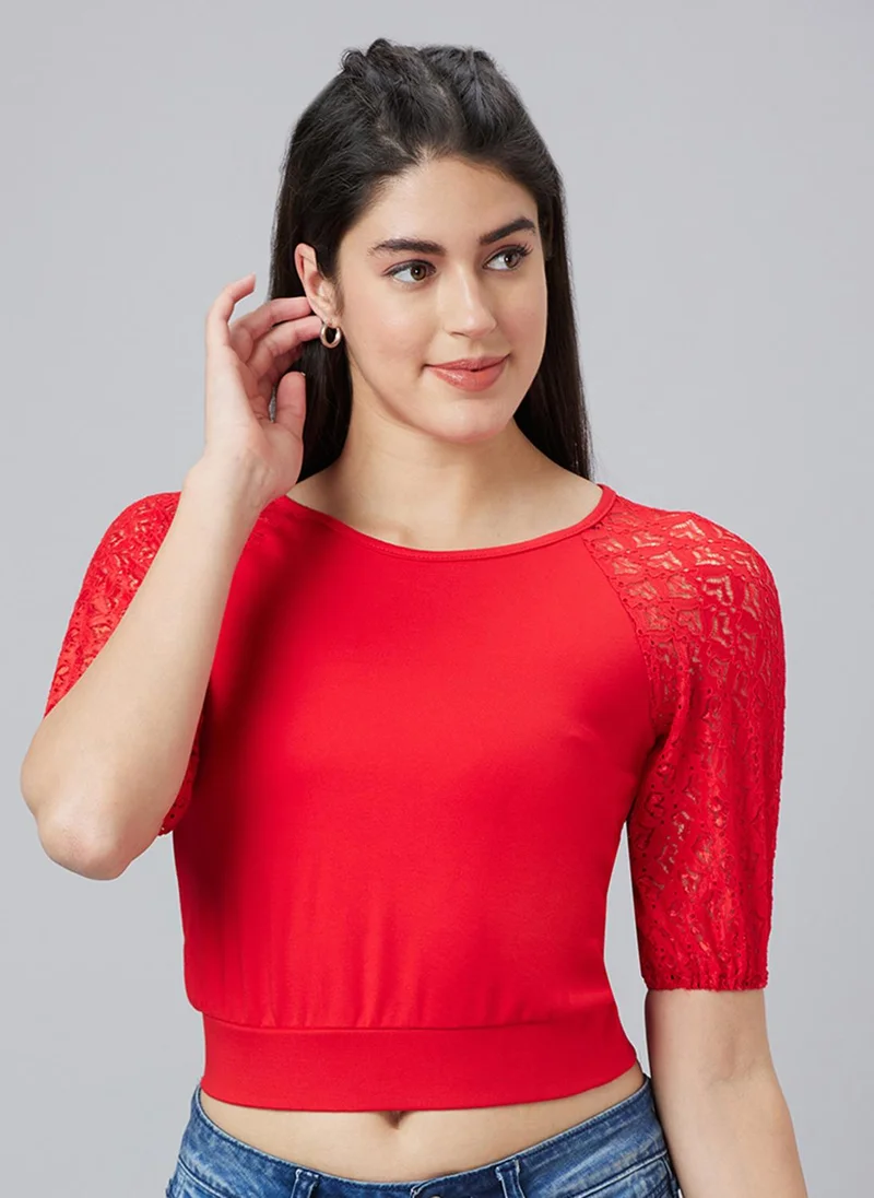 globus Globus Women Lace Inserts Raglan Sleeves Fitted Crop Top