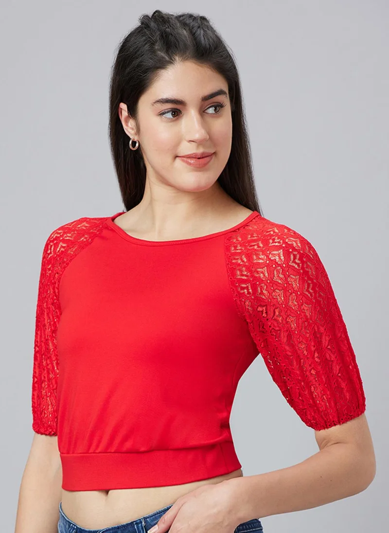 globus Globus Women Lace Inserts Raglan Sleeves Fitted Crop Top