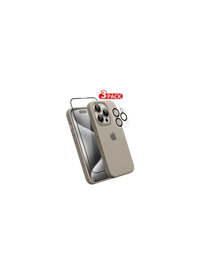 3 Pack For iPhone 15 Pro Max Case, Screen Protector and Camera Lens Protector Silicone Case Full Body Protective Cover Shockproof Slim Phone Case Anti-Scratch Soft Microfiber Lining Titanium