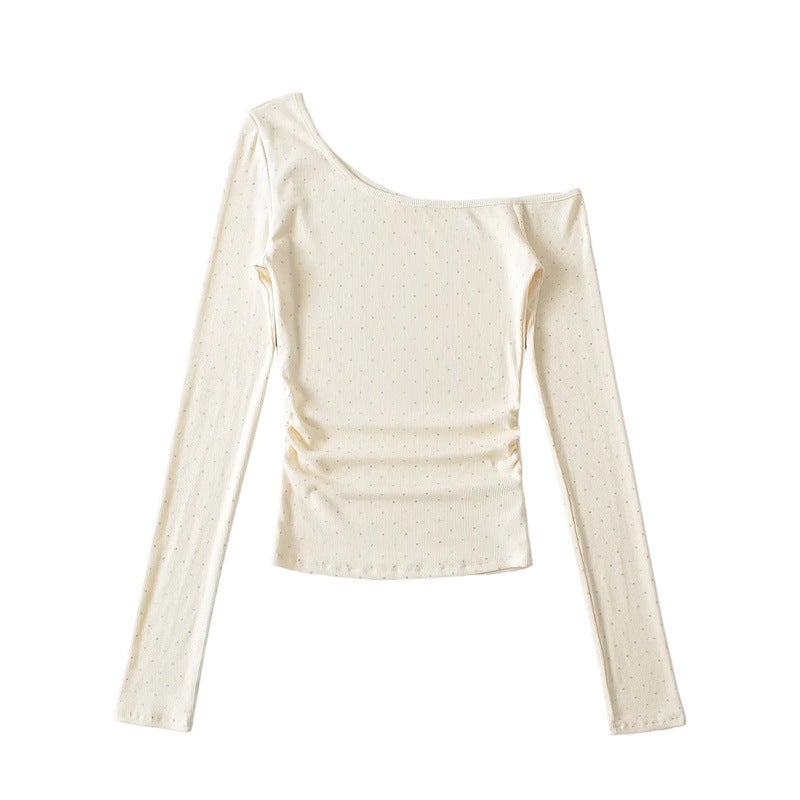American Style Spice Girl One-Character Collar Slant Shoulder Rhinestone Long-Sleeved T-Shirt Autumn New Pure Desire Shoulder Inner Base Shirt - Image 3