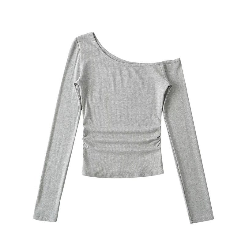 American Style Spice Girl One-Character Collar Slant Shoulder Rhinestone Long-Sleeved T-Shirt Autumn New Pure Desire Shoulder Inner Base Shirt - Image 5