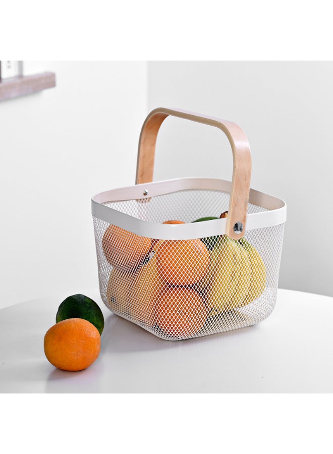 Kawkab White portable storage basket, gift basket, wooden handle storage basket, openwork ventilated household fruit and vegetable basket, outdoor portable vegetable basket, 26x18x25cm. Suitable for snacks, fruits and vegetables, home storage, and supermarket shopping. - Image 3